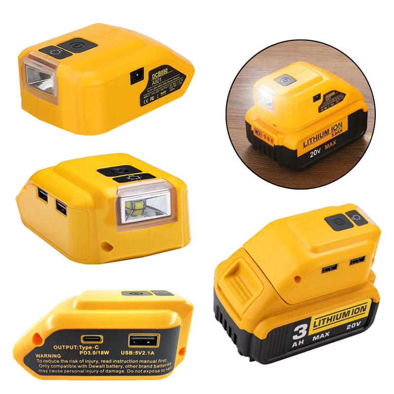 USB Adapter with 140lm LED Work Light for Dewalt 18V 20V Li-ion Battery,Portable Power Source Converter with USB Type-C DC 12V