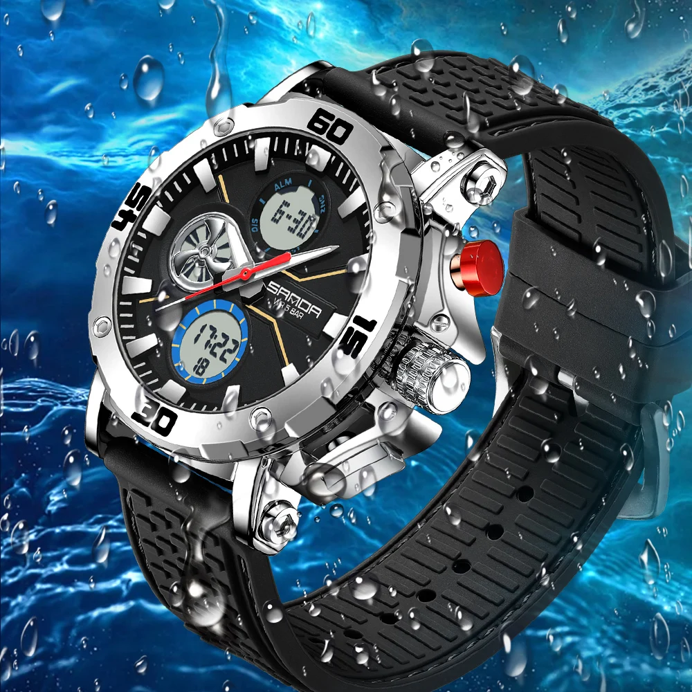 SANDA Watch TPU Strap Dual Display Wristwatch for Men Chronograph Alarm Clock Countdown Function Luxury Man Watches