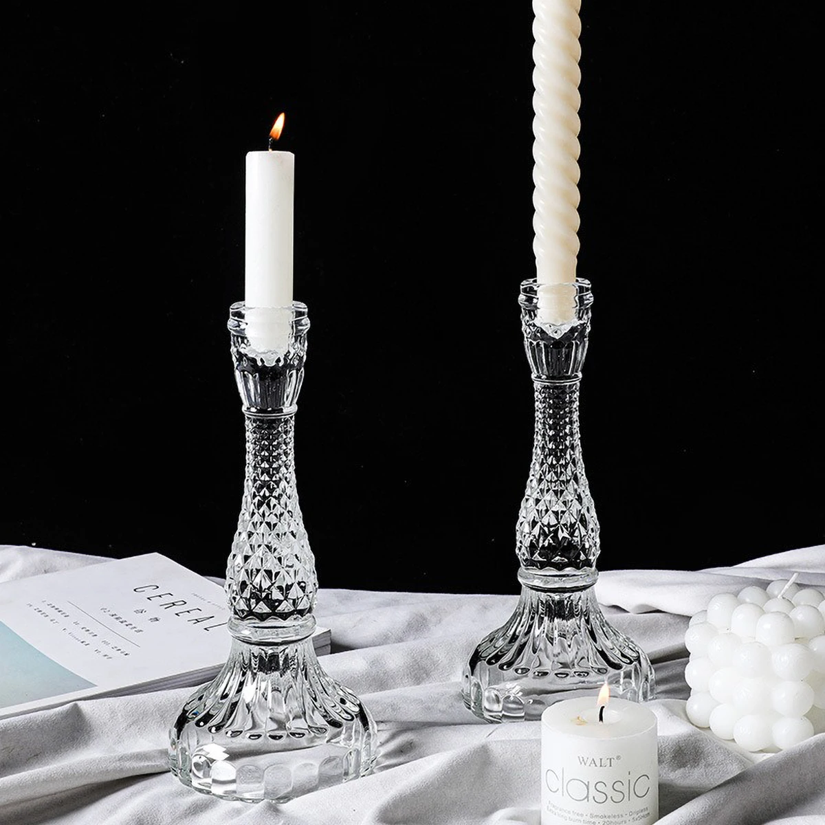 

Clear Glass Pillar Candle Stand Holder - Thick Solid Table Design Candlesticks Romantic Atmosphere Candlelight Display