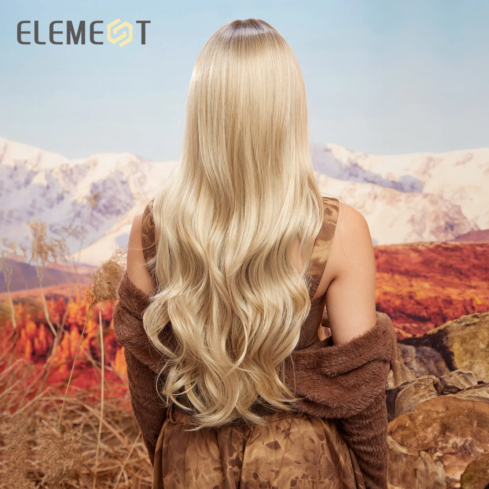 Element Synthetische Lange Golvende Krullend Ombre Blonde Kleur Pruik Haar Met Kant Knal Voor Vrouwen Dames Hittebestendig Feest Dagelijks Haar