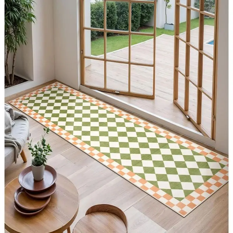 VIKAMA Vintage karierter Flurteppich – langlebige Küchenmatte mit langen Streifen – leicht zu reinigender Schlafzimmer-Nachttischteppich – Heimdekoration