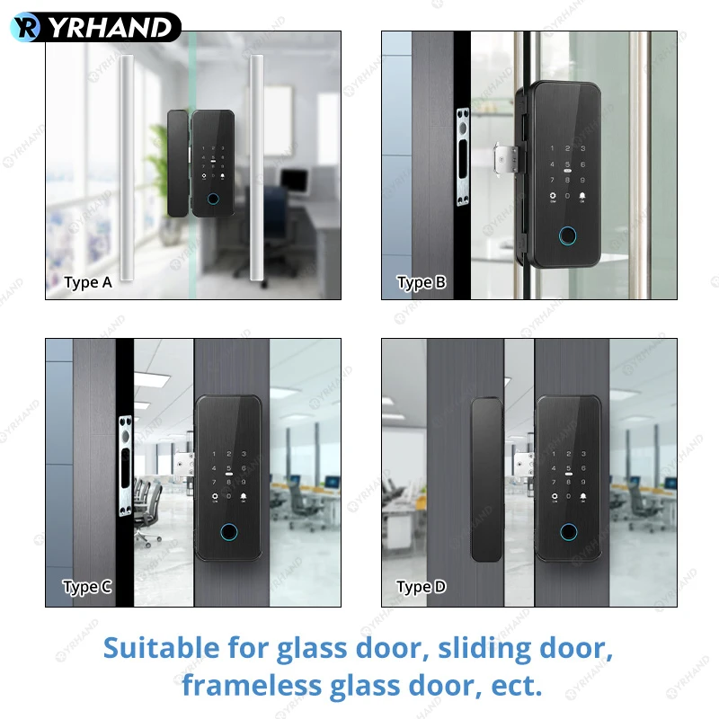 YRHAND Ttlock Smart Glass Door Lock Bluetooth  Unlock Fingerprint Digital Door Lock App Card Password Remote Control Alarm Lock