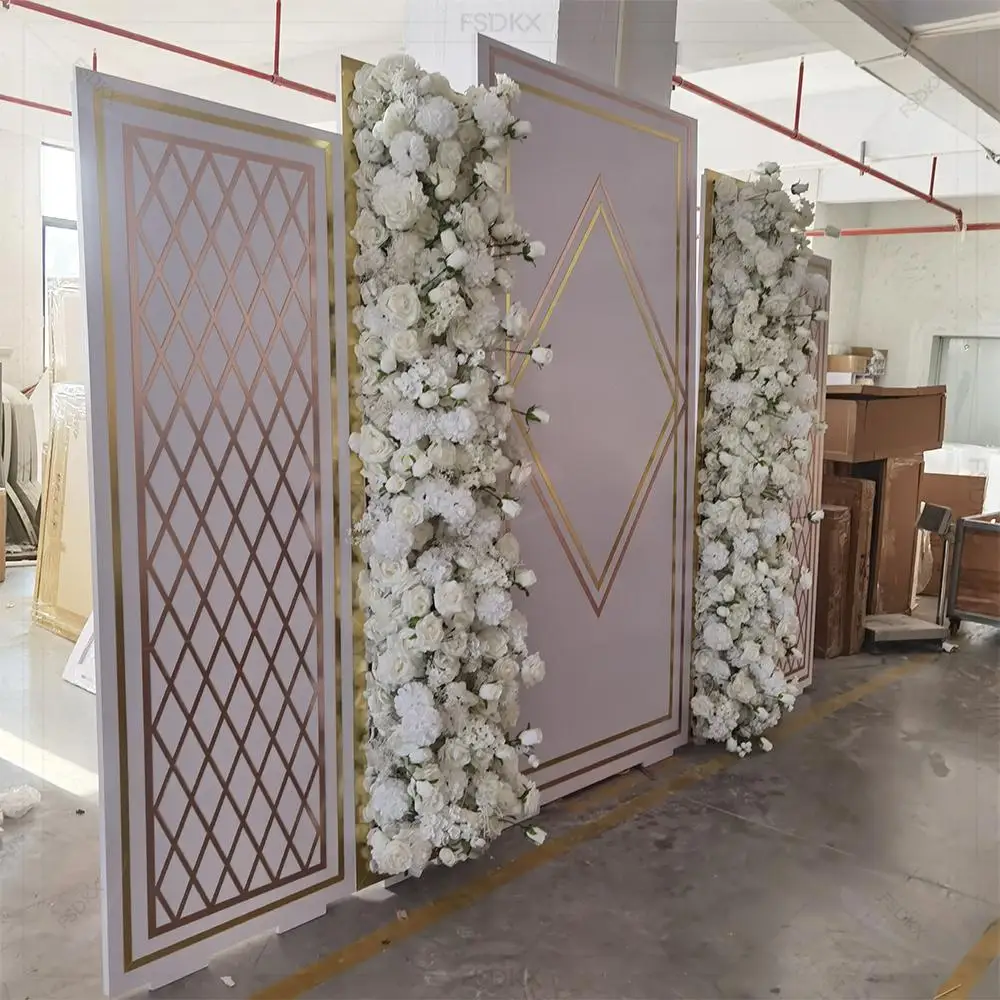 FSDKX Decoration Luxury Pvc Gold Acrylic Flower Backdrop Background Back Drop for Wedding Event Parties