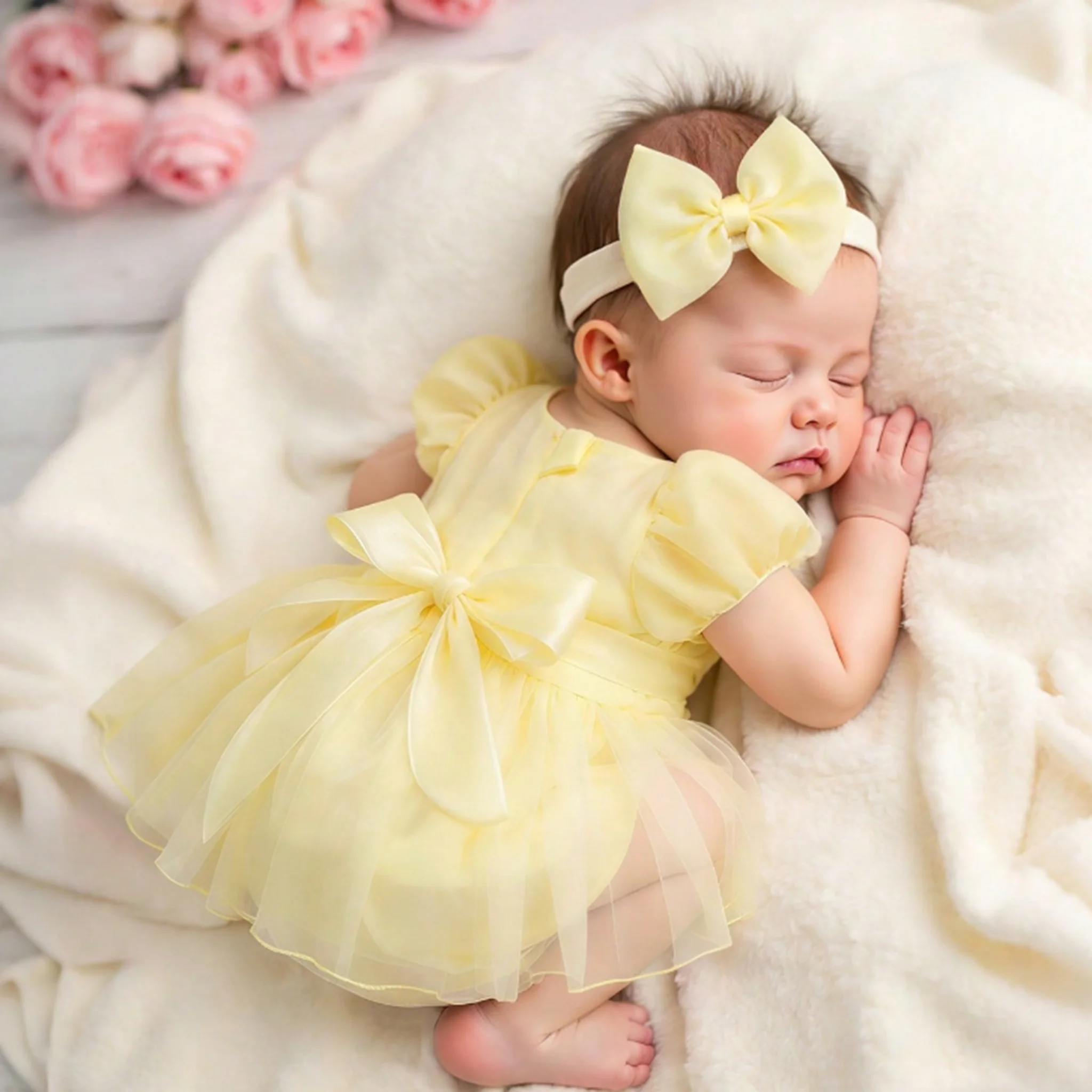 

Летний новый стиль: Нежное платье-комбинезон для новорожденных с пышными рукавами из фатина, с повязкой на голову, бантом, в стиле принцессы, повседневный комплект для малышей - HD