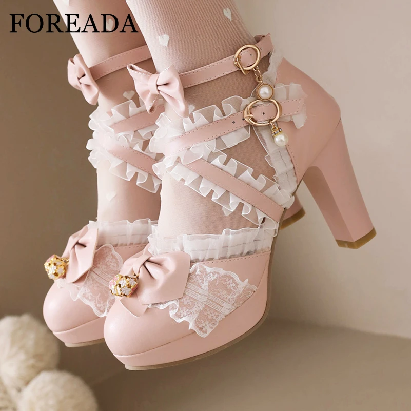 FOREADA Ankle Strap Lolita Kawaii Pumps Round Toe Platform Thick High Heel Buckle Bow Ruffles Ladies Cosplay Shoes Spring Autumn