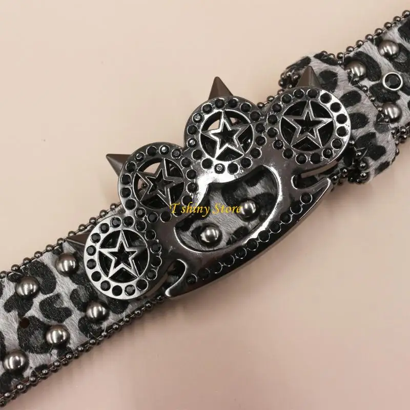 

N58F Men Women's Western Charm Belt Studded Rhinestones Animal Print Waist Cincher