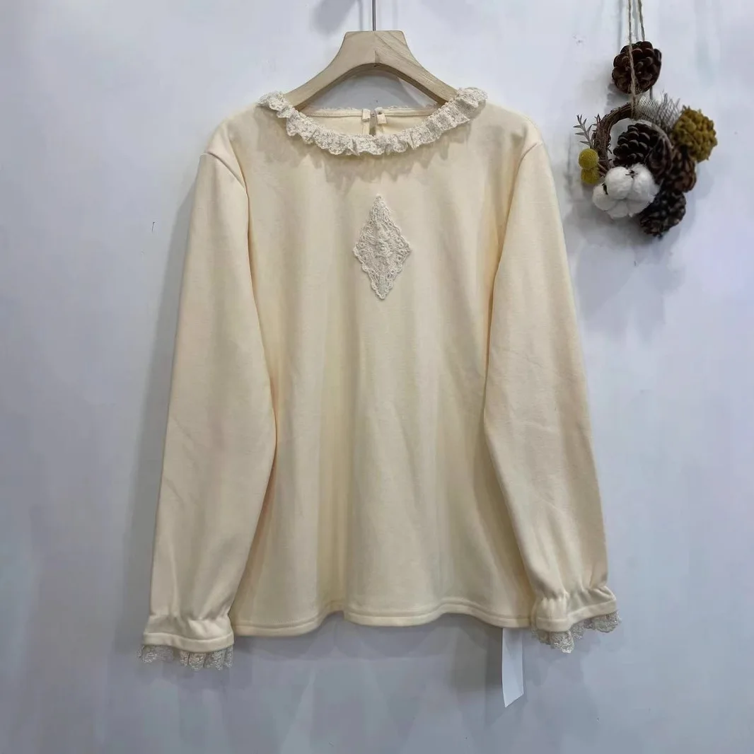 Mori Girl Lace Collar Solid Color Base Cotton Shirts Women Spring Autumn O-Neck Long Sleeve Casual Loose Pullover Tops