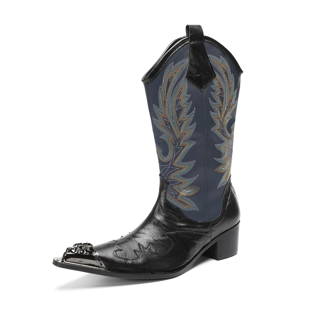 

New Arrival Embroidered Denim Boots Men's Mid-Calf Patchwork Boots Handcrafted Metal Toe Cap with Chunky Heel