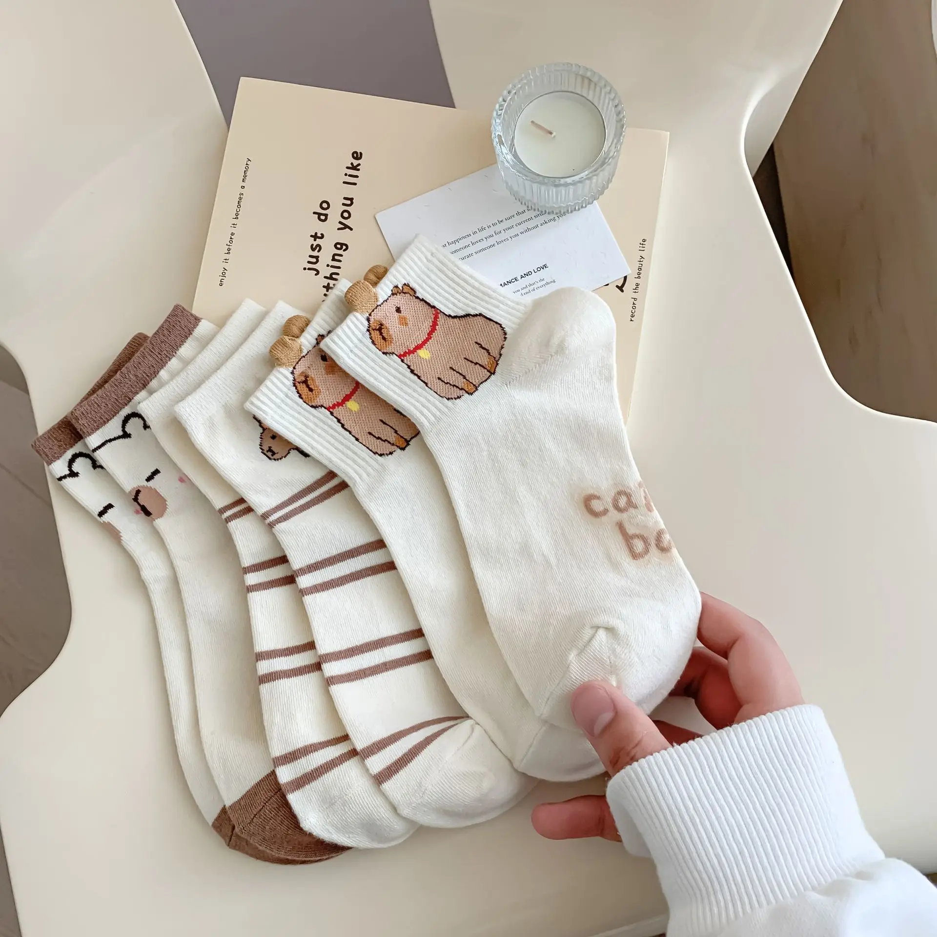 Spring and Summer Thin Coffee Color Cute Cartoon Tube Socks Personality Hollow Cotton Women's Socks