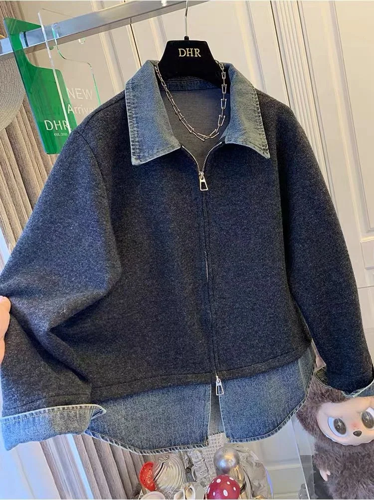 

plus Size Denim irt Vest Sweatirt Autumn Winter Loose Versatile Top Splice Sle Casual Loose Fit Ladies Outerwear