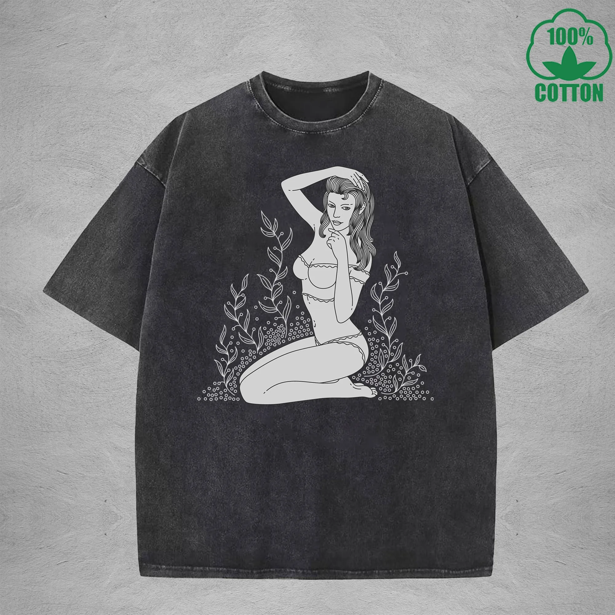 

Forest Girl Interest Printed Washed T-Shirt 230G Multicolor Loose Trendy Fashionable Cotton Short Sleeve Top