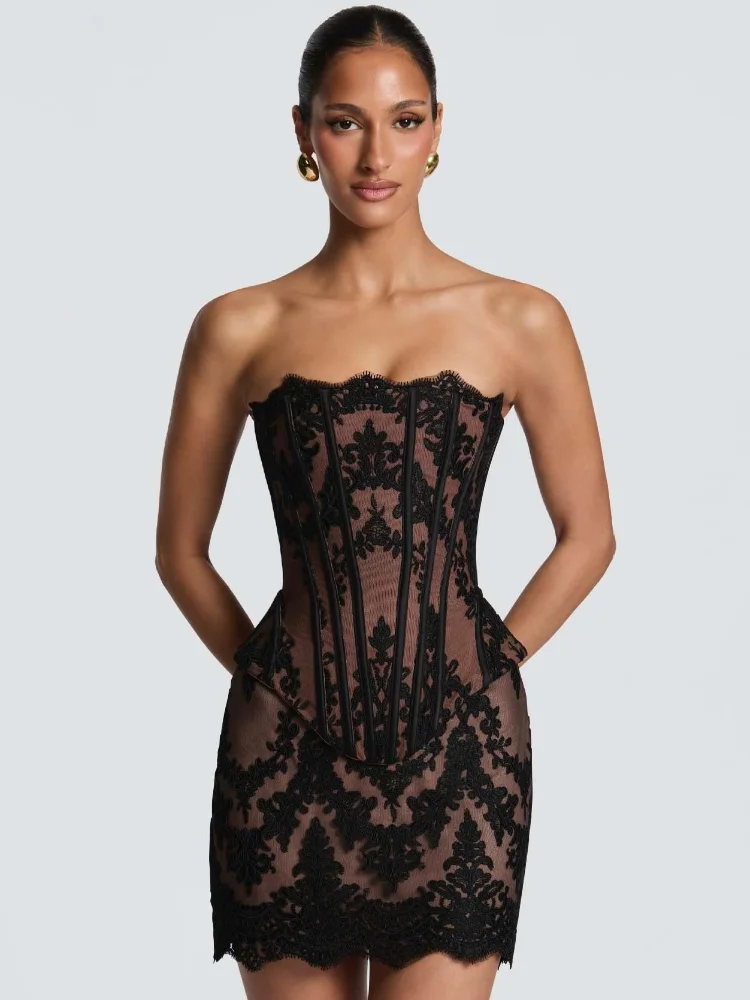 ชุดกระโปรงคอร์เซ็ตลูกไม้เกาะอก - Sexy Mesh Sheer Bodycon Dress บทวิจารณ์และราคา