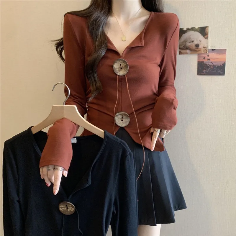 

Pure Cotton Design V-neck Long-sleeved Women's Large-size Early Autumn New Retro Button Lace-up Pleated Waist-hugging Shirt