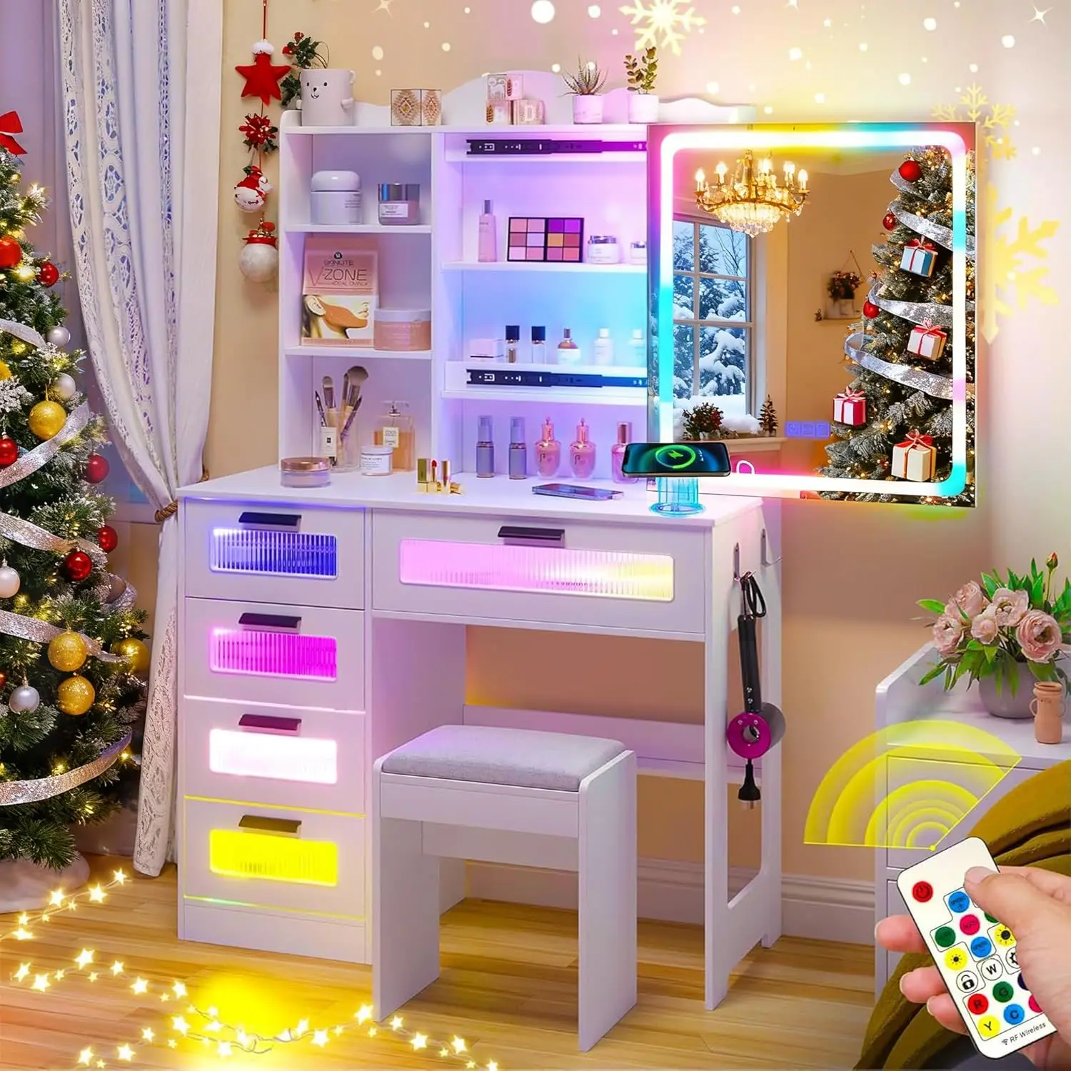 RGB LED Makeup Vanity Desk with Mirror, Charging Station & 5 Drawers, White Vanity Set with Stool