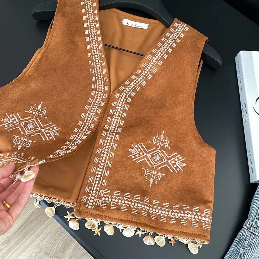 Dames kwastje V-hals Geborduurd top mouwloos vest Vintage elegante Koreaanse mode Zomer dameskleding