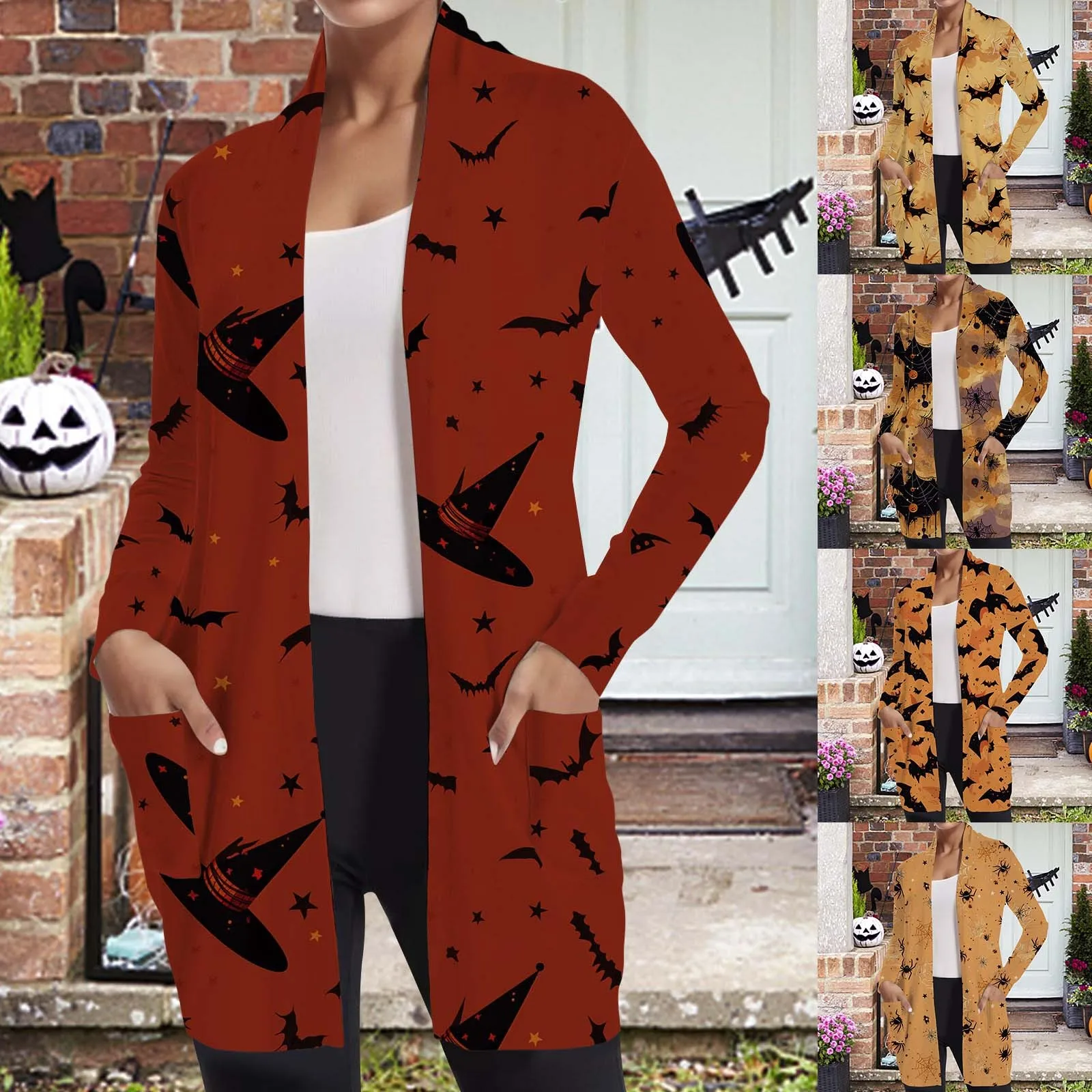 

Women Fall Halloween Cardigan Skeleton Pumpkin Print Coat Casual Mid Chemise Pullovers Vintage Print office lady Cardigan