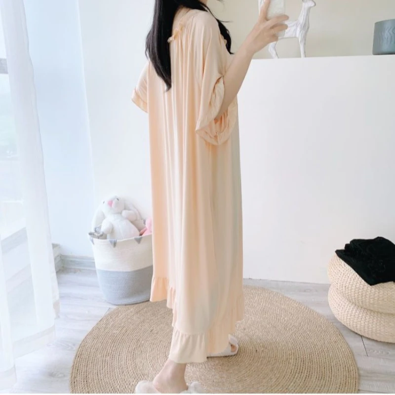 150kg Oversized Loose Night Dress Women Korean Ruffles Pajamas Short Sleeve Solid Home Wears Maternity Long Nightgown Sleepwear