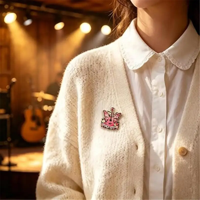 R7UF Statement Brooch with Colorful Enamel and Gold-Tone Trim, Butterfly-Shape Guitar and Floral Design for Jackets and Sweaters