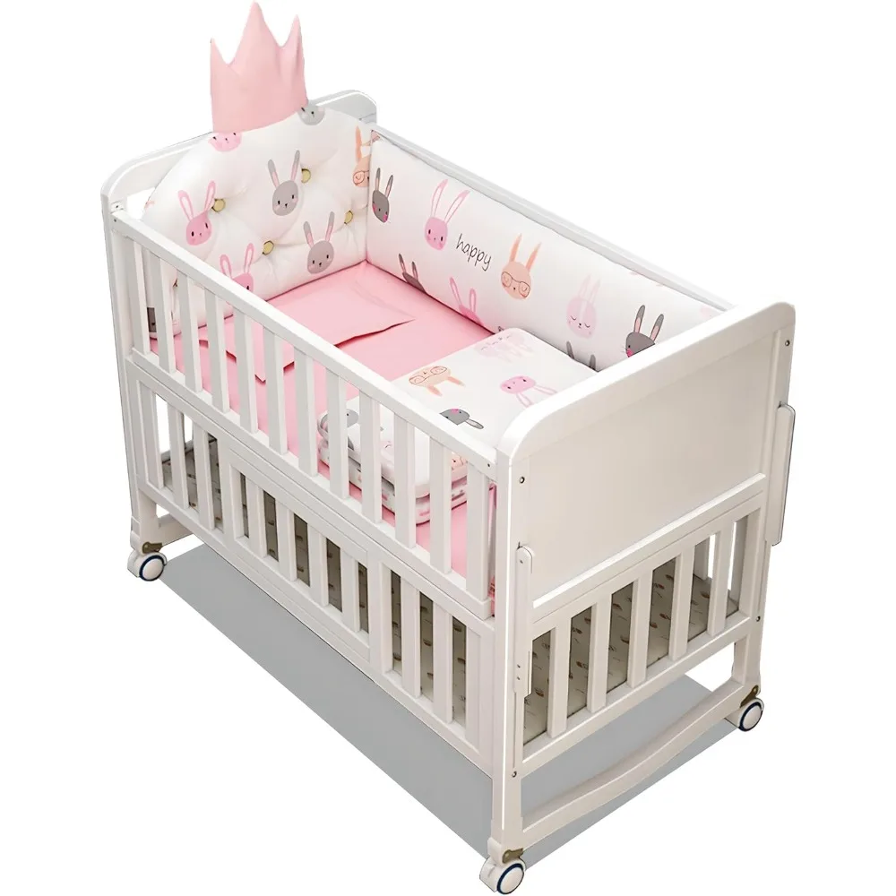 

6-in-1 Convertible Baby Crib, Multifunction Mini Crib,5 Piece Toddler Bedding Set + Random Blue or Pink