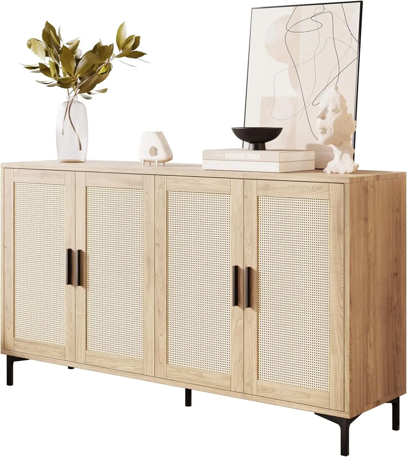 

Sideboard - Kitchen Buffet Cabinet with Rattan Decorated Doors, Accent Sideboard Cabinet with Doors