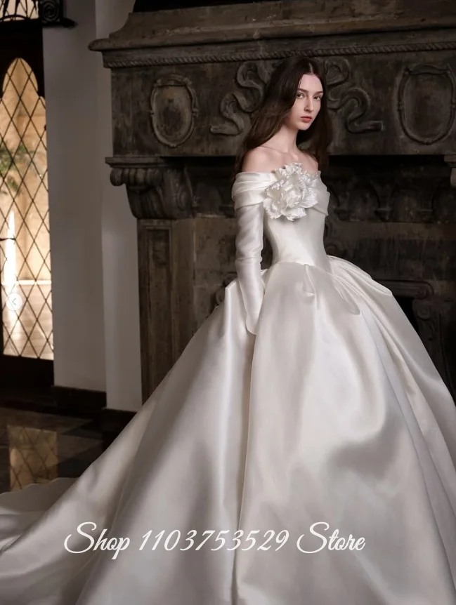 Customized Minimalist Elegant Satin Wedding Dress Off Shoulder 3D Floral Design Corset Bodice Full Skirt Church Wedding 2026