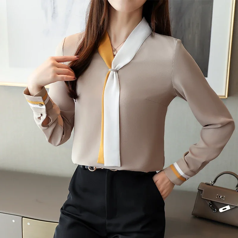 Autumn Office Shirt Spring Vintage Long Sleeve Chiffon Blouses Casual Solid Loose Tops Elegant V-Neck Women Clothing Blusas