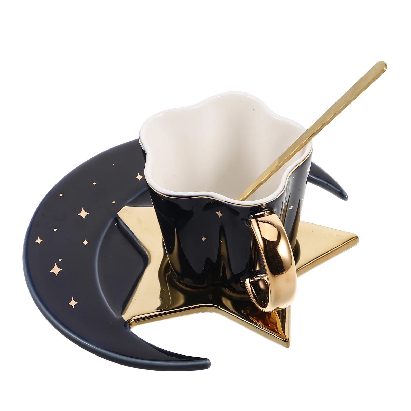 

1 Set Ceramic Coffee Golden Handle Moon Star Shape Funny Tea Cup Spoon Coaster Latte Mug For Women Creative Novelty Mug Office