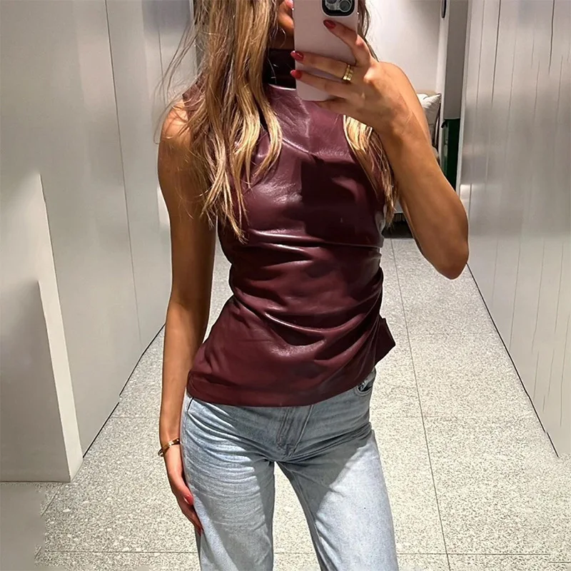 Standling Sleeveless Waist Lady Top PU Leather Folds Irregular Leather Vest Fashion Solid Color Women\'s Clothing