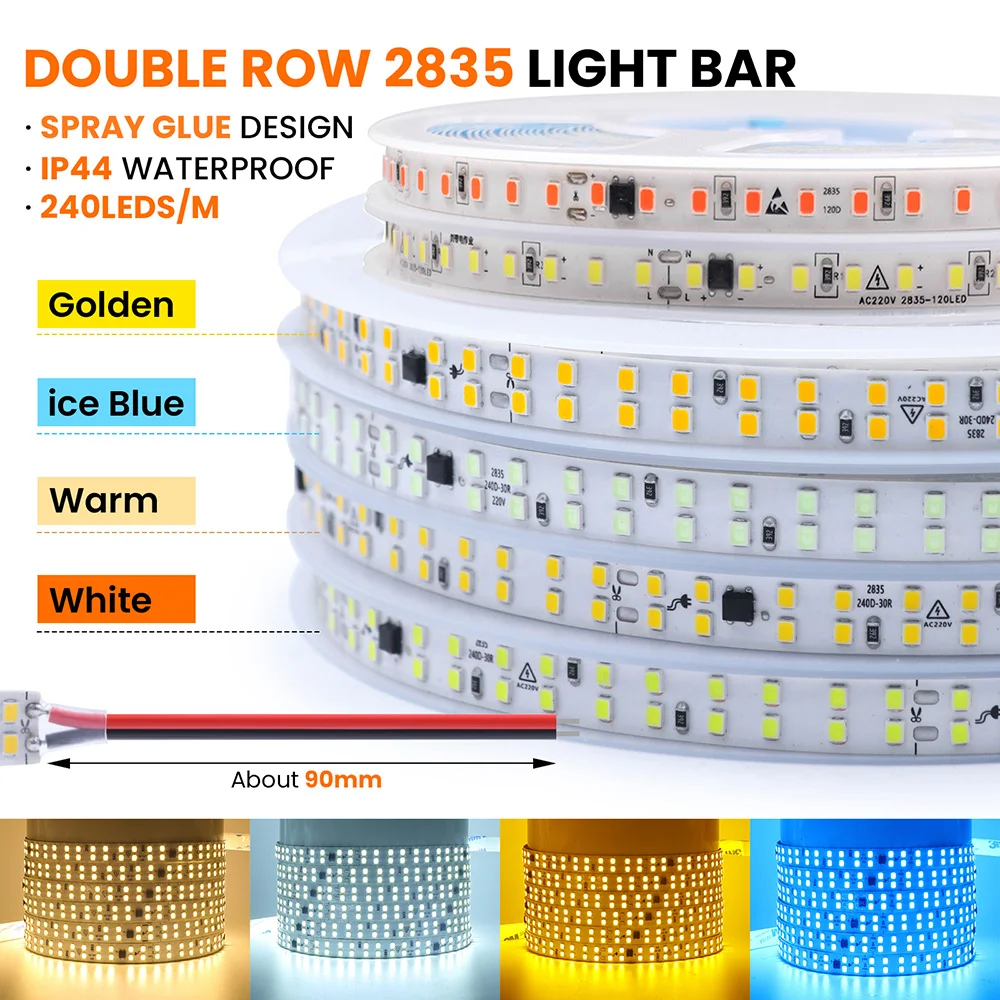 5m 10m 20m 50m Led Strip Light Adhesive Tape AC 220V 230V IP55 2835 120 240 LED Flexible Led Ribbon Stripe Home Lighting 9 Color