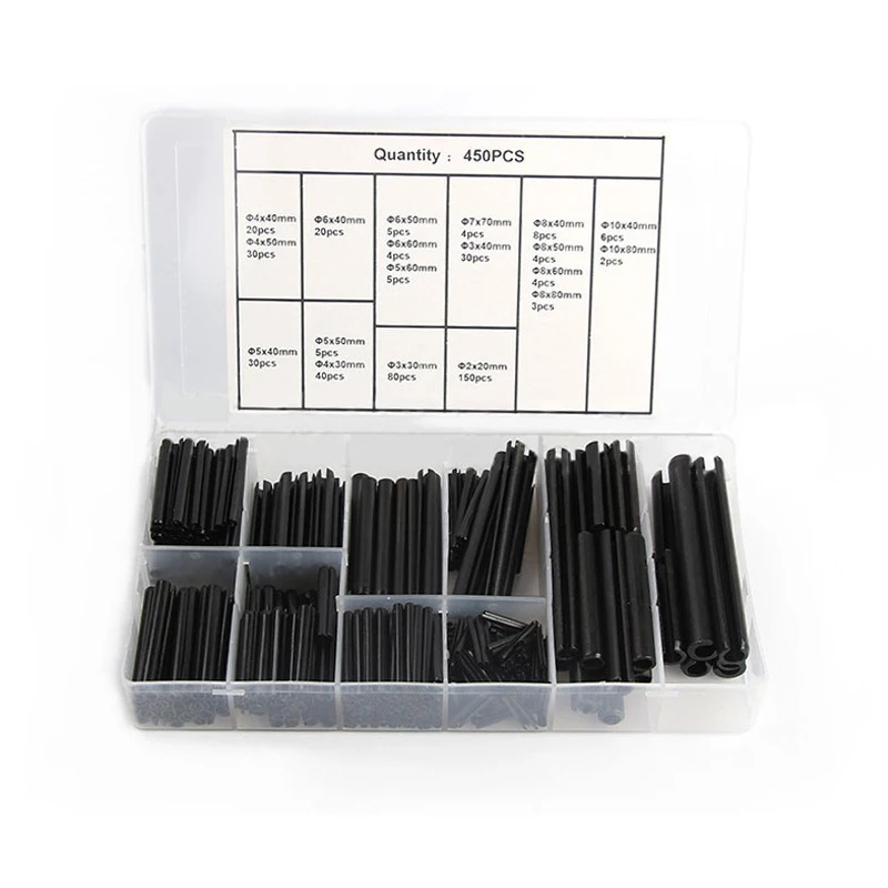 450Pcs 65Mn Black Carbon Steel Spring Pin Cylindrical Elastic Open Pin Cotter Roll Pin Assortment Set M2 M3 M4 M5 M6 M7 M8 M10