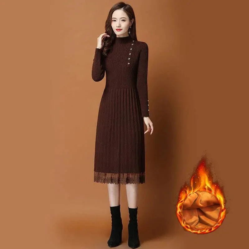 Winter Warm Knitwear Midi Vestido Thicken Half Turtleneck Knitted Dress Slim Lace Sweater Dresses Elegant Casual Women Robe