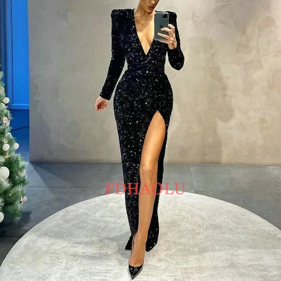 2022 abito da sera a sirena nero Sexy Slim Fit abiti da sera da donna su misura maniche lunghe paillettes spacco laterale Robe De Soiree