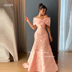 OLOEY Elegant Pink Off the Shoulder Evening Dresses Arabic Women Flowers Embroidery Mermaid Prom Gowns Customised Formal Party