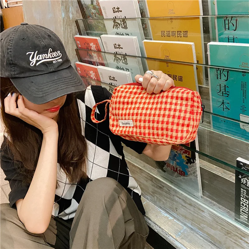 Plaid Contrast Color Large-capacity Cosmetic Bag Female Leopard Print Fashion Clutch Canvas Organizer Storage Bag Document Bag