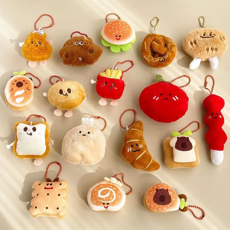 1-5pcs bread hamburger keychain bag pendant, realistic food doll, fun decoration, plush toy, cartoon funny figurine