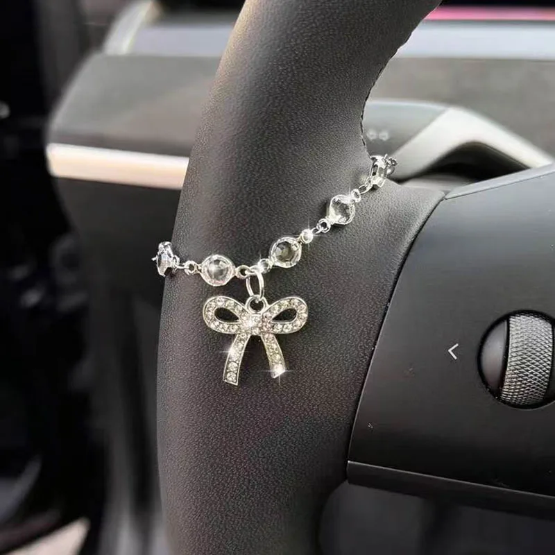 Sparkling Rhinestone Bow Chain Car Steering Wheel Decoration Exquisite Elegant Car Interior Decoration Unique Bracelet Pendant