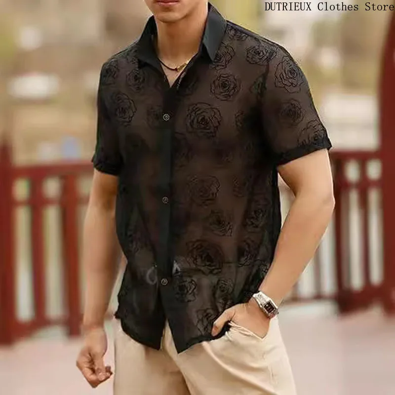 Party Club Sexy Hollowed-out See-through Shirt Spring/Summer Fashion Lace Men's Short-sleeved Shirt Casual Street Men's Clothing