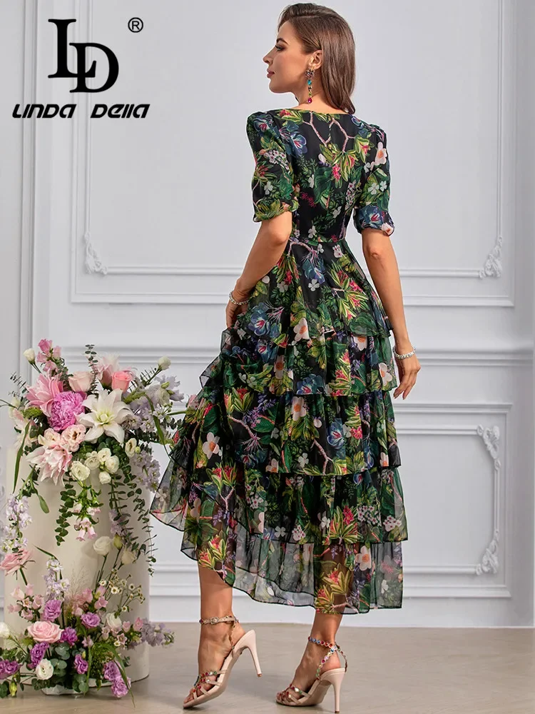 LD LINDA DELLA-Robe en mousseline de soie, imprimé floral, style bohème, volants en cascade, tempérament, été 2024