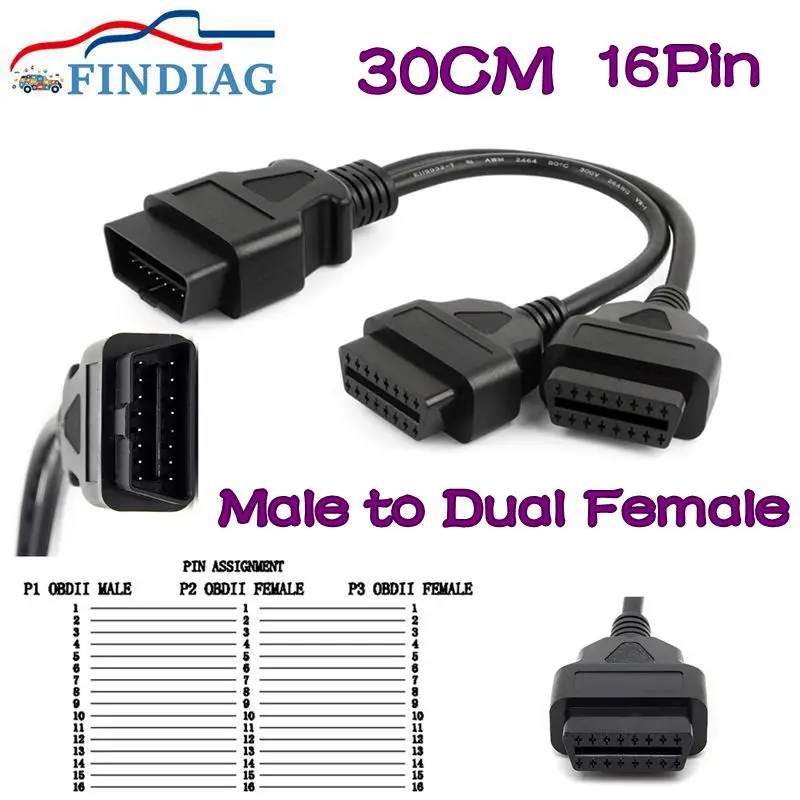 

Удлинительный кабель OBD2 30 см 1-2 16-контактный разветвитель между мужчинами и двойной женщиной Y OBD OBDII Кабель 30 см 1 штекер на 2 гнезда Интерфейс
