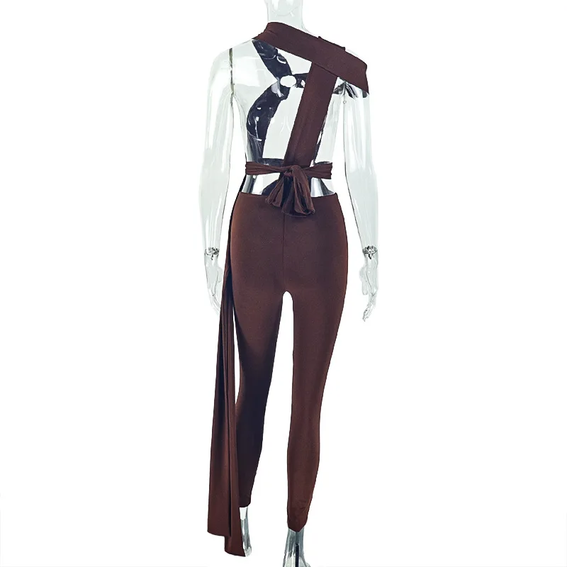 FAGADOER Sexy Hollow Out Bodycon Jumpsuits for Woman Solid Color Bandage Patchwork Irregular Rompers Female Streetwear Overalls