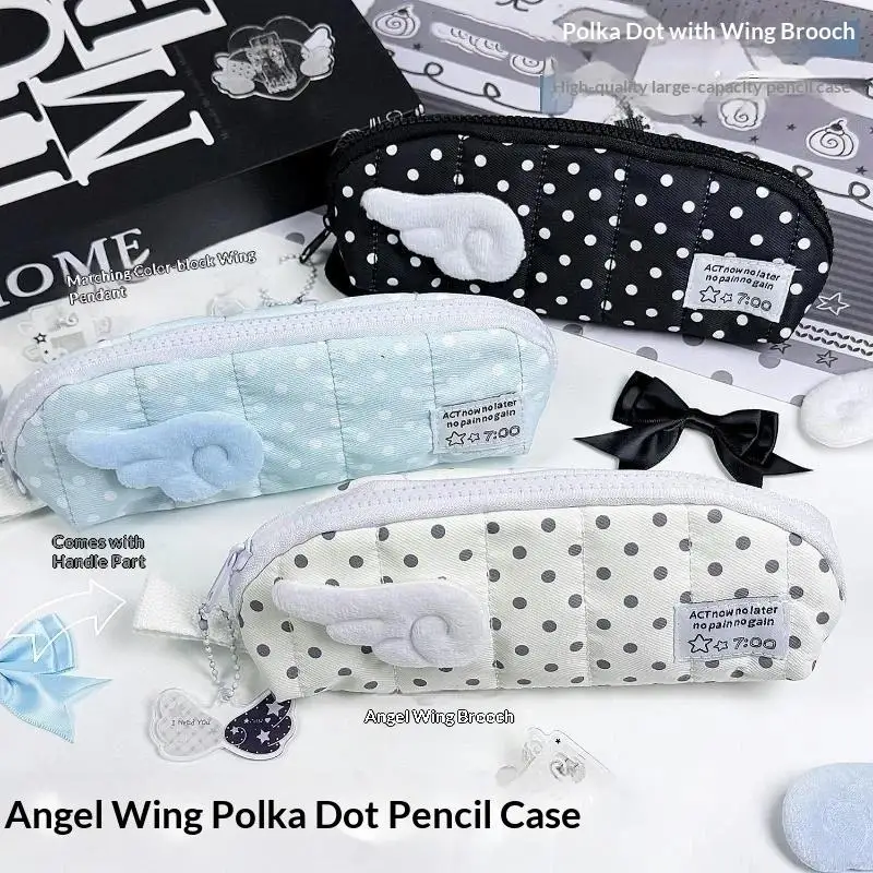 Soft Polka Dot Pencil Case With Fluffy Wing Decoration Large Capacity Perfect For Students Daily School Use