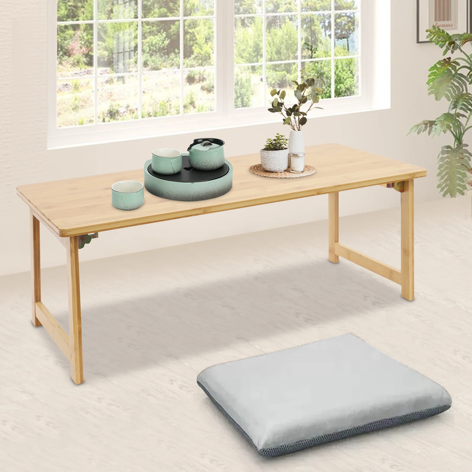 

5-8kg Load Capacity Folding Floor Table Free Standing Bamboo Foldable Coffee Table for Living Rooms Bedrooms