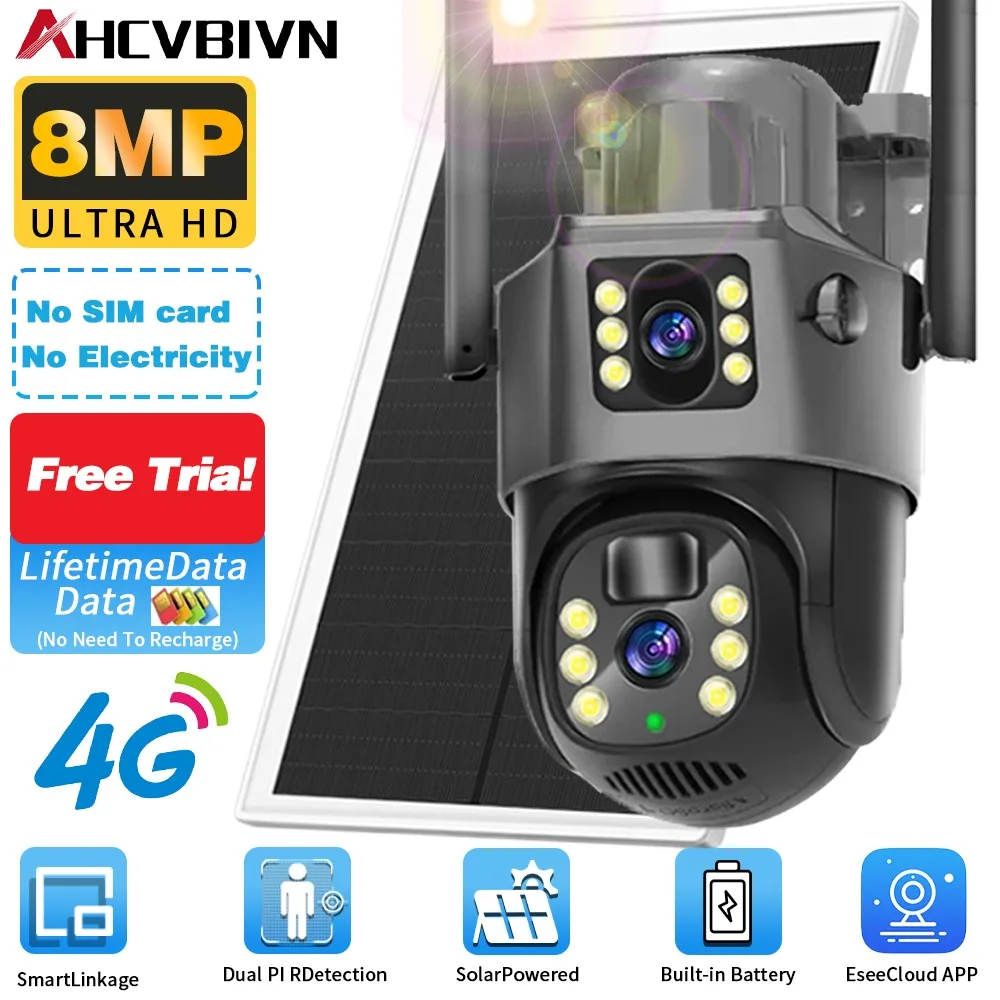 

8MP4G Solar Security Camera with Lifetime Free Data Dual Lens Dual Screen 360° PTZ PIR Detection Battery/IP66 (wireless Outdoor)