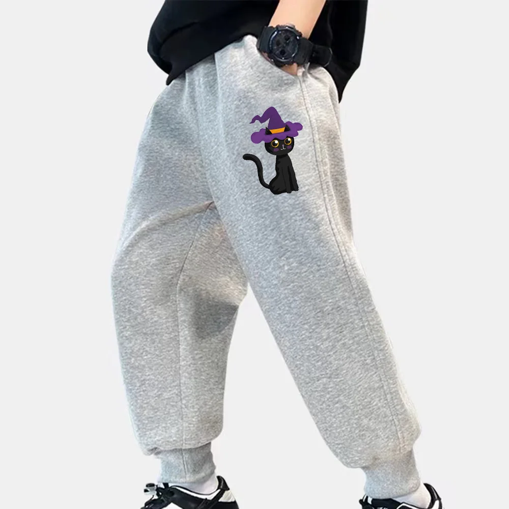 

Boys and girls autumn sweatpants basic simple cute purple hat black cat print loose casual sweatpants wear sports cool ins