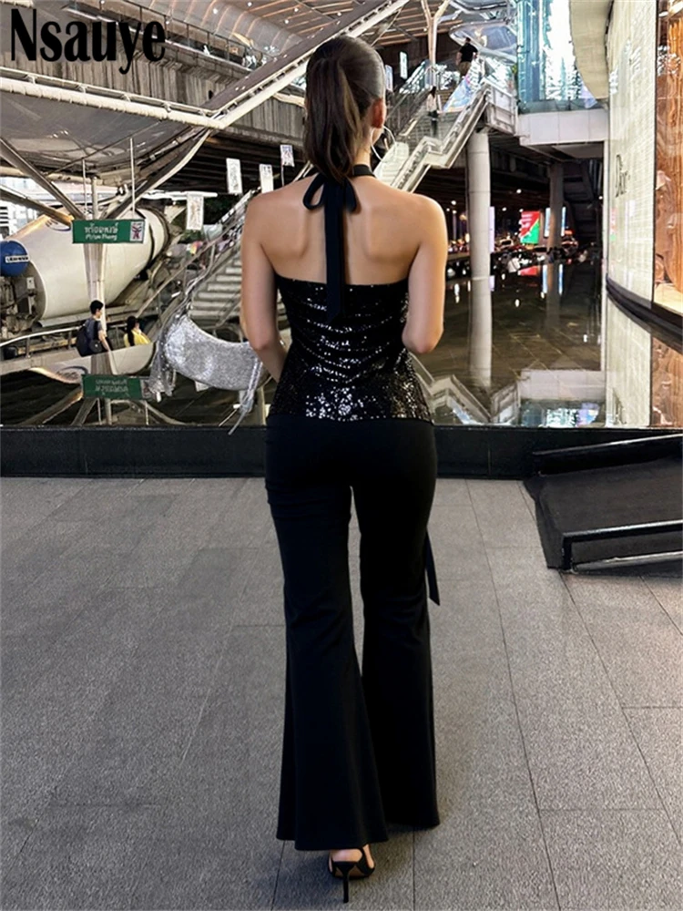 Nsauye Winter New Sexy Women Sequins Black Sleeveless Halter Slim Backless Jumpsuits Glitter Party Overalls Elegant Lady 2025