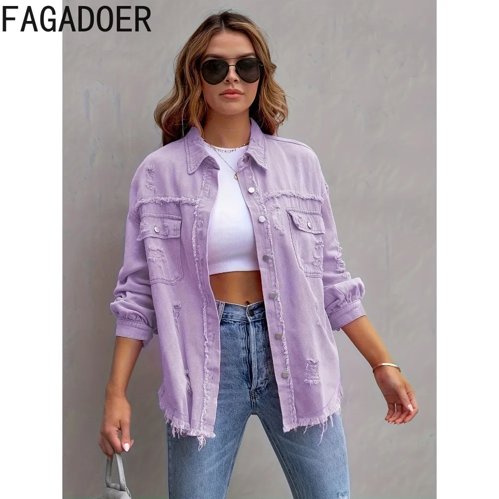 FAGADOER Fashion Hole Denim Shirts Women Turndown Collar Long Sleeve Pocket Loose Tops Casual Solid Color Button Coats 2024 New