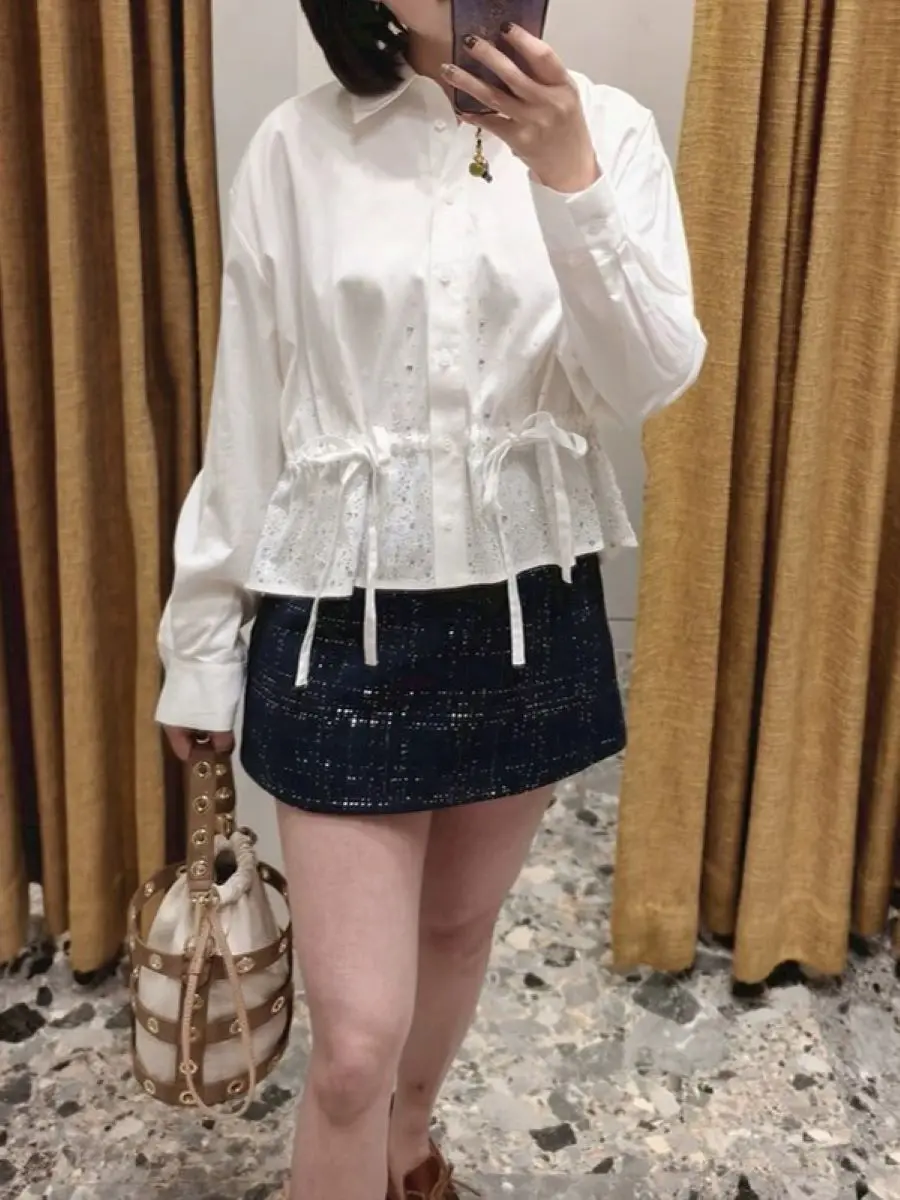 

Women Diamond Decoration Shirt Elastic Waist Turn-down Collar Long Sleeve Single Breasted Elegant Ladies White Blouse Top