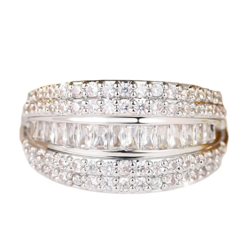 European and American Luxury Zircon Wide Ring with A Central Ladder Diamond and Elegant Personalized Accessories on Both Sides