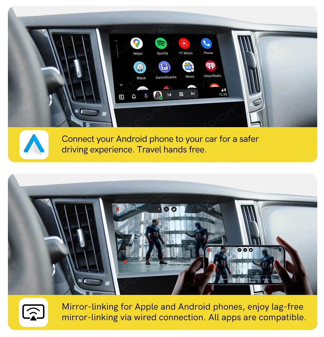 YolanAuto Kabelloses CarPlay Android Auto für Infiniti Q50 Q50L Q60 QX50 QX60 QX70 2013-2020 Unterstützt GPS Musik Airplay 360-Grad-Kamera – Detail 5