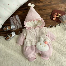 Korean Winter 2024 Baby Girls Jumpsuit Lace Spliced Hooded Cotton Padded Infant Girls Romper With Rabbit Newborn Girl Outerwears